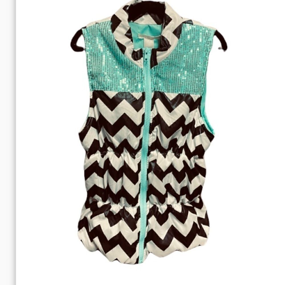 Self Esteem Black Chevron W/Teal Sequins Puffer Vest